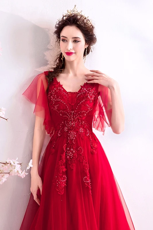 SSYFashion, новое роскошное красное вечернее платье для банкета, v-образный вырез, шлейф, кружево, вышивка бисером, Длинные вечерние платья для выпускного вечера, Robe De Soiree