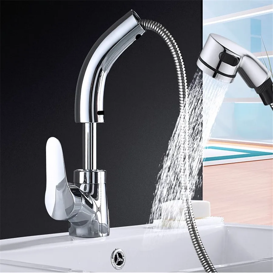 Polished brass pull out basin sink faucet hot and cold rotating kitchen faucet Chrome plating water mixing valve bathroom tap