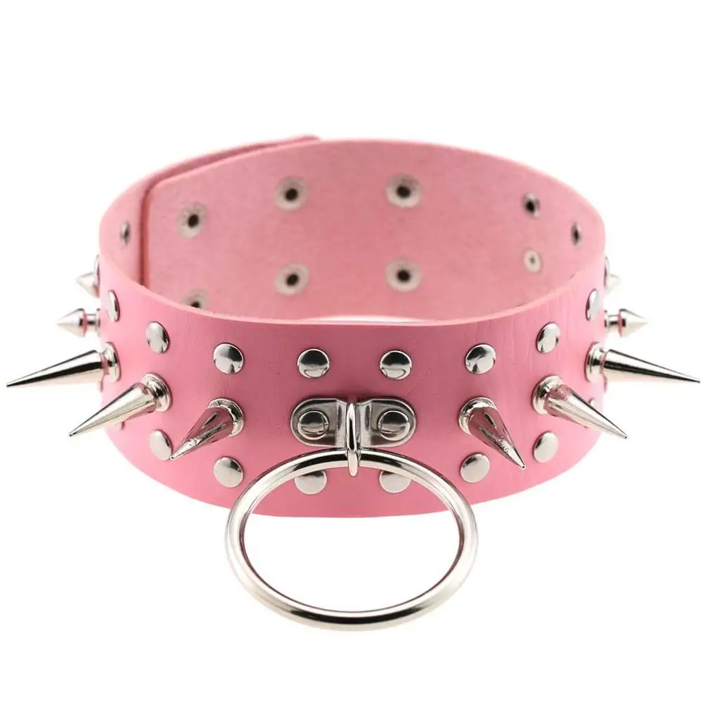 KMVEXO большой круглый кожаный чокер для женщин Связывание широкий чокер Collare Goth чокер Спайк заклепки массивное ожерелье Макси Вечерние ювелирные изделия - Окраска металла: Pink