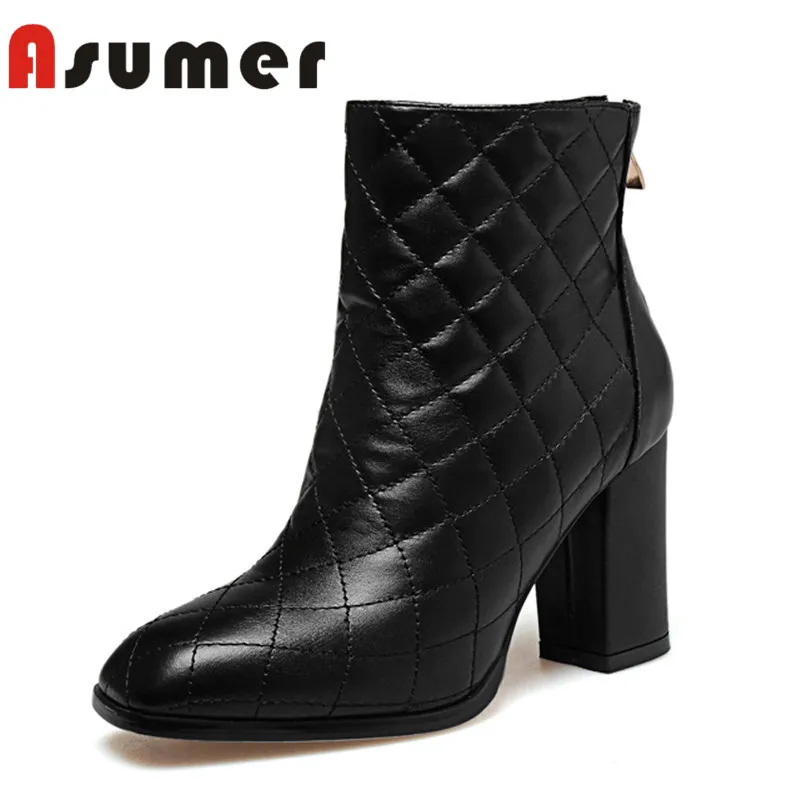 

ASUMER NEW 2018 fashion sewing adult ankle boots for women solid unique high heels boots square toe zip genuine leather boots