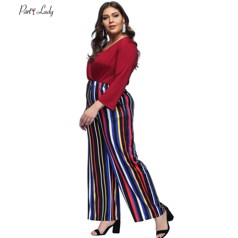 Party Lady  New Jumpsuits For Women 2018 Rompers Womens Combination Femme Sexy Loose Striped Full Length  Loose Jumpsuits -D