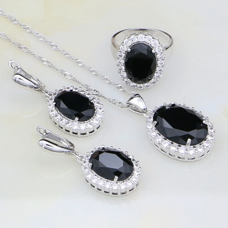 

925 Silver Jewelry Black Stones White Cubic Zirconia Bridal Jewelry Sets For Women Anniversary Earrings/Ring/Pendant /Necklace