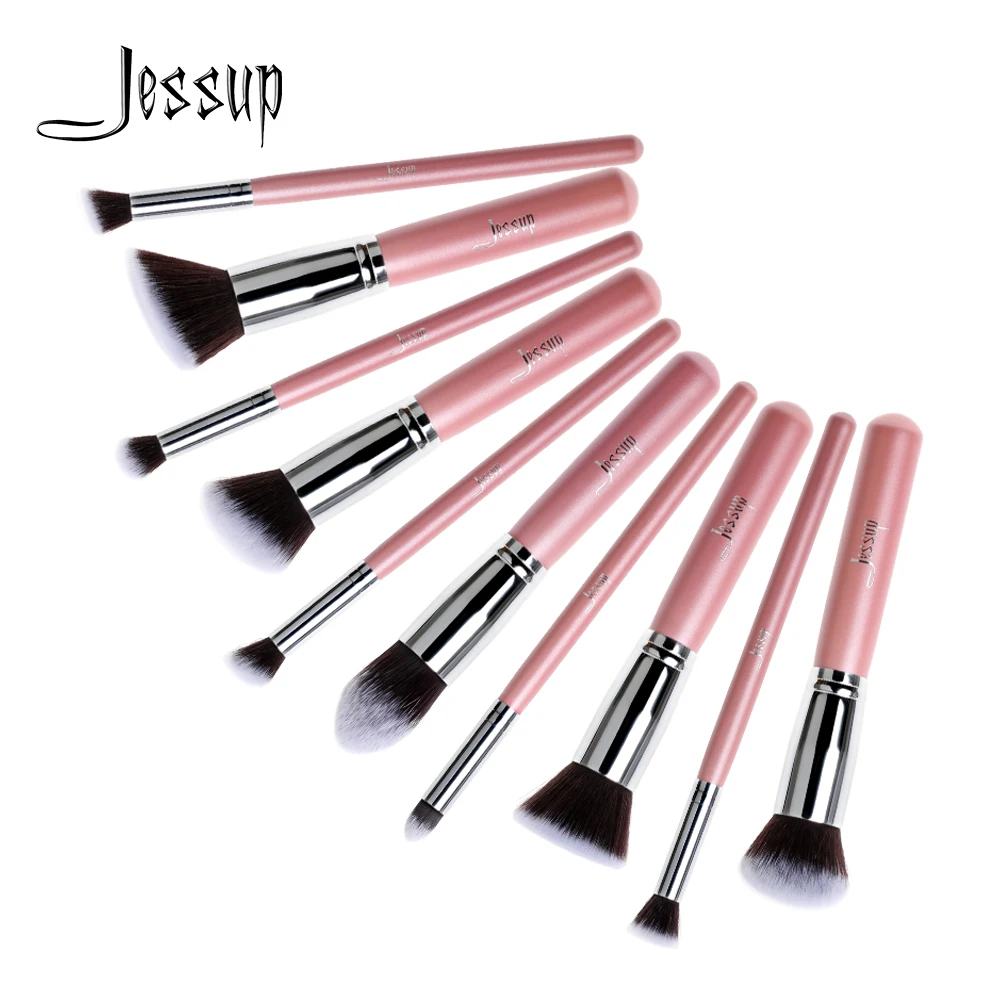 

Jessup 10pcs Pink/Silver Synthetic Hair Wooden Handle Kabuki Foundation Powder Eyeshadow Contour Makeup Brush Set T068