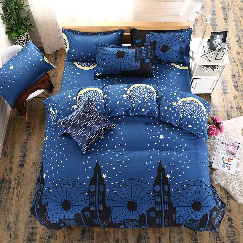 

Beautiful Romantic Dark Blue + Yellow Sky Pattern Super Soft Housewares Bedding Set 4PCS Duvet Cover Set +Bed sheet +Pillowcase