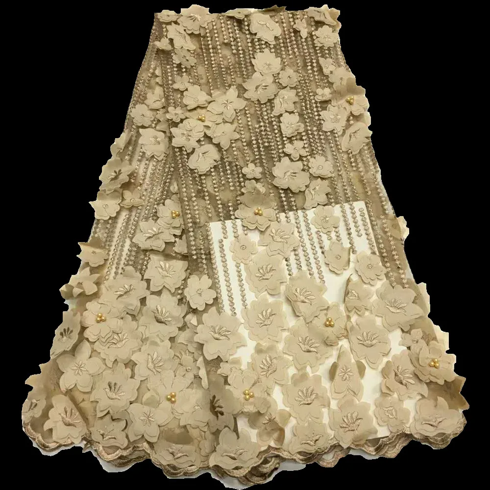 

gold Applique Tulle Lace Fabric High Quality Europe And America Fashion Fabric With Beads 3D Embroidery French lace Fabrics