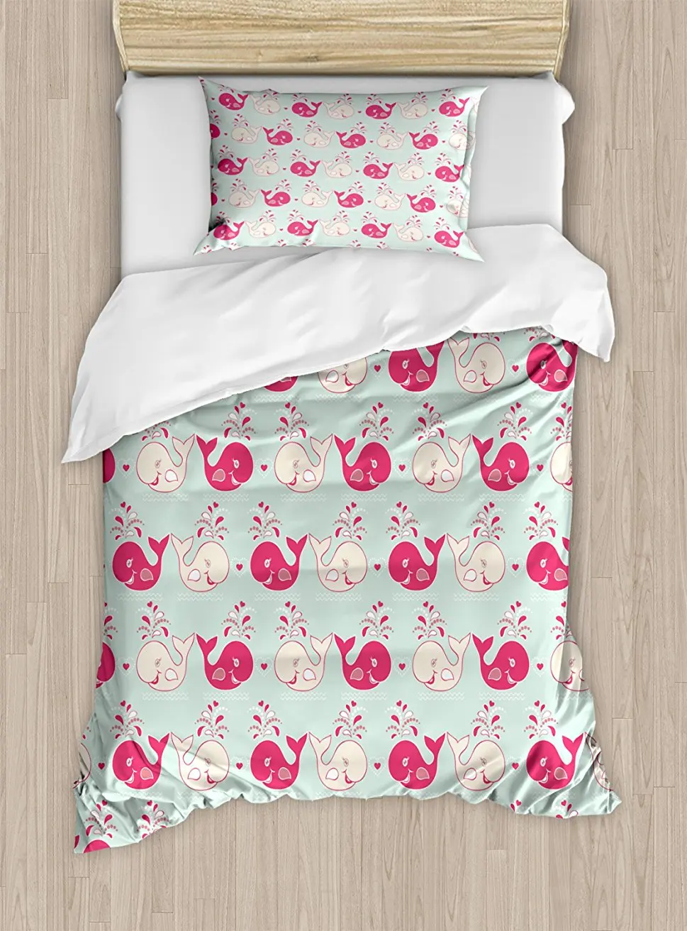 

Whale Duvet Cover Set Cute Happy Cheerful Whales Pattern in Soft Pastel Tone Effects Love Valentine's 4 Piece Bedding Set