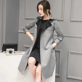 

2018 Spring Autumn Women Medium long Trenchs Outwear Slim Sashes Faux Suede Trench Coat Female Patchwork Windbreaker Coats A999
