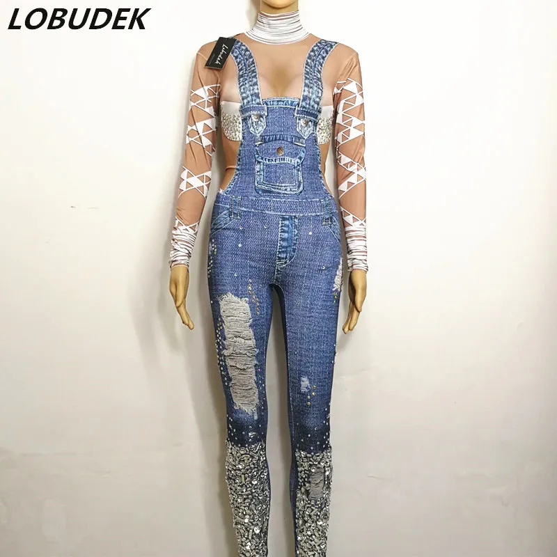 

Bright Stones Jeans Bar Jumpsuit singer dancer Stage dancer crystals female costumes DJ DS performance clothing party star