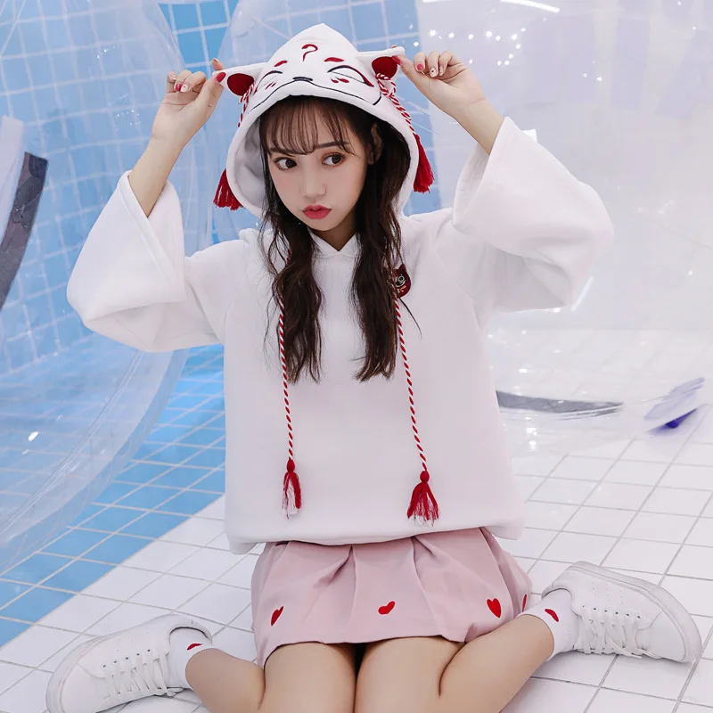 

Japanese Retro 3D Fox Ear Embroidery Hoodie Cartoon Anime Girls Kawaii Hooded Pullover Hoodies Sweatshirt Harajuku Coat