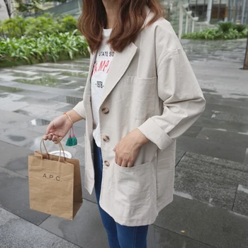 

Women 's autumn new style retro European and American style casual suit collar long cotton and linen suit jacket coat