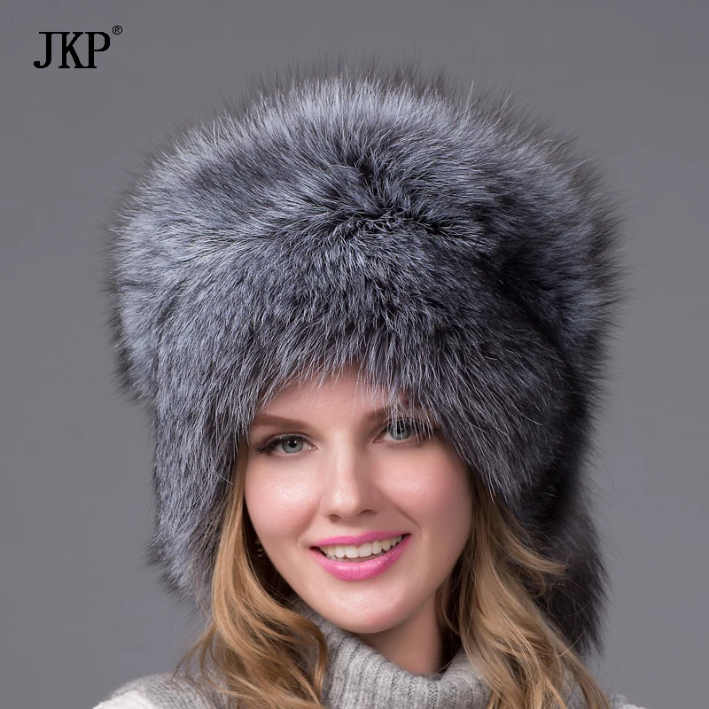 Klobouk Silver Fox Fur Ushanka 100% Real Fur. Stříbrná liška S liškovým ocasem, ušní čepicí žena zimní čepice velký kruh