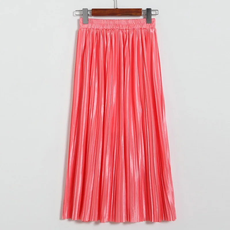 Aonibeier Women Pleated Skirt Long Skirt Elastic High Waist Midi Skirt Autumn Sexy Fashion Female Vintage Metallic Skirts Womens - Цвет: Watermelon