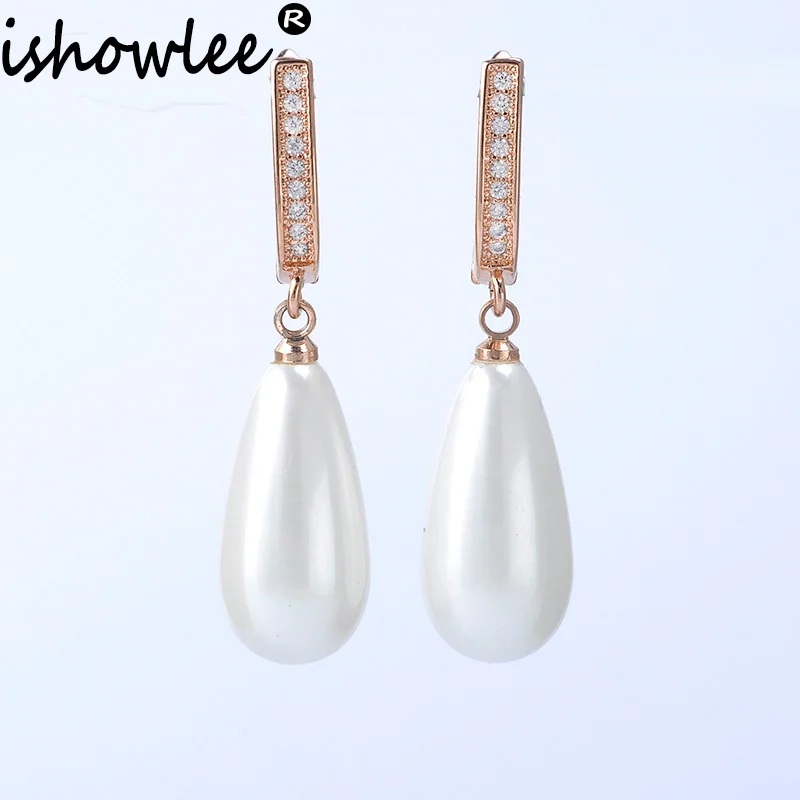 

ISHOWLEE Rose Gold 585 Zircon Teardrop Pearl Dangling Earrings for Women Korean Simple Designer Earrings Fashion Jewelry esp68