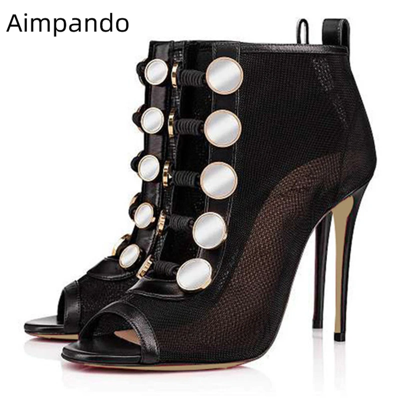 

Big Button Air Mesh Gladiator Pumps Women Stiletto Heel Sexy Peep Toe Cut Out Fashion Netted Catwalk High Heel Shoes Woman