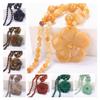 

48cm Women Statement Necklace Flowers Natural Stone Pendant Power women Fashion Short Necklace Crystal Jewelry Reiki Beads Chain