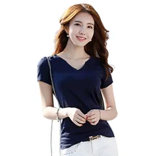 Корейские Новые летние женские модные тонкие сексуальные с v-образным вырезом с коротким рукавом хлопковые милые футболки Топы женские большие размеры оптом футболки Лидер продаж