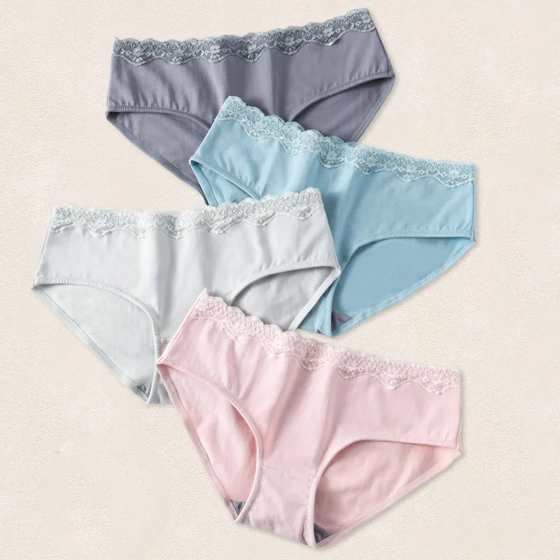 

LANGSHA 4Pcs/Lot Sexy Lace Cotton Panties Women Underwear Briefs Breathable for Girls Panty Lady Low-Waist Seamless Underpants