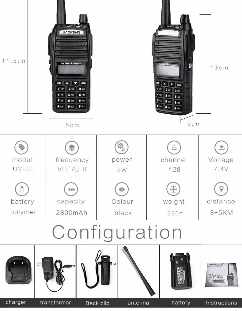 Рация BaoFeng 8 Вт UV-82 Двухдиапазонная 136-174/400-520 МГц FM Ham двухстороннее радио, приемопередатчик, рация