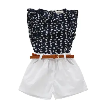 

New Summer Casual Children Sets Flowers Blue T-shirt+ Pants Girls Clothing Sets Kids Summer Suit For 3-7 Years hot