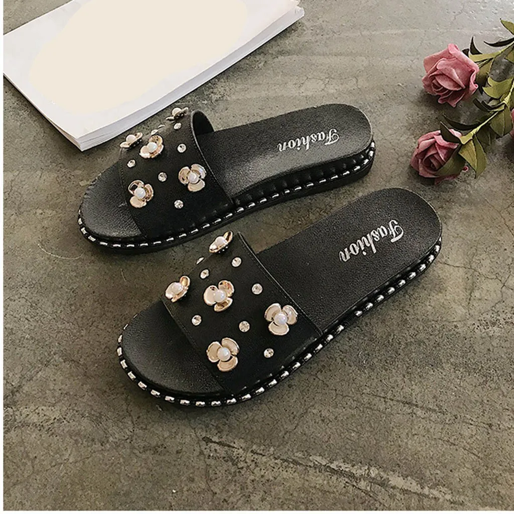 

insular Fashion High Quality Summer Women Slippers Flats Sandals Sequines Rhinestones Ladies Flowers Female Slippers 19MAY16