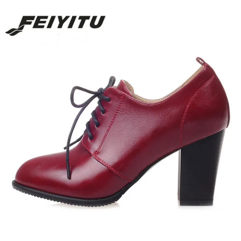 

feiyitu Black White high Heels women Oxford shoes Spring 2018 comfort Office lady Thick heels mature Pointed toe Lace-up Pumps