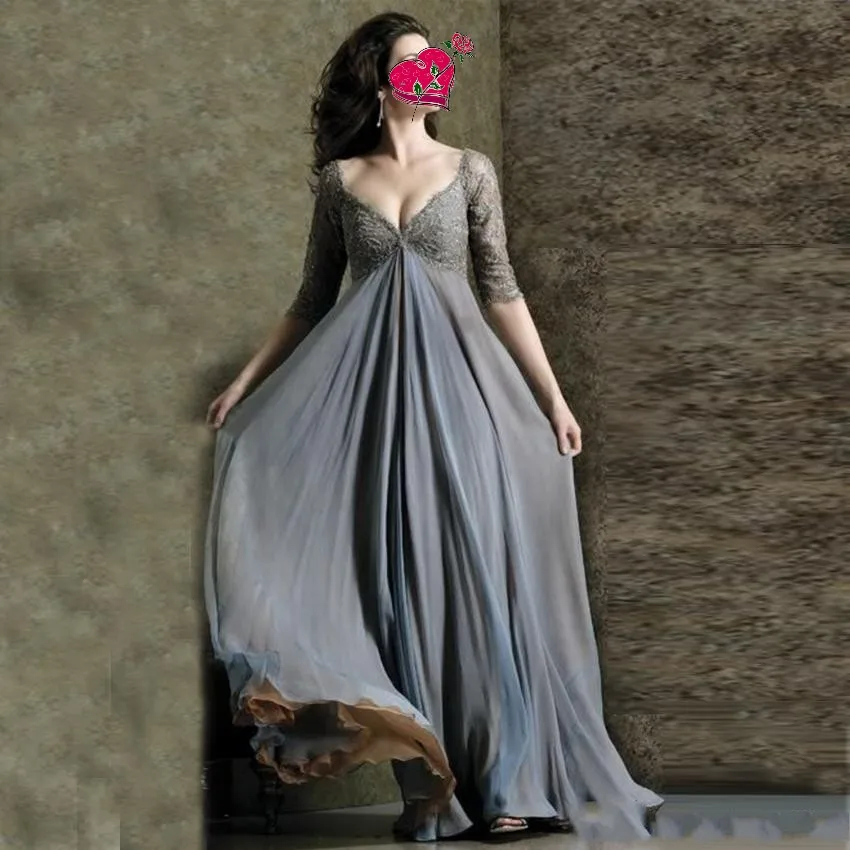 Серые Вечерние платья из шифона с v-образным вырезом Вечерние платья с рукавами Вечерние платья Vestido Longo 2019 вечерние платье robe de soiree