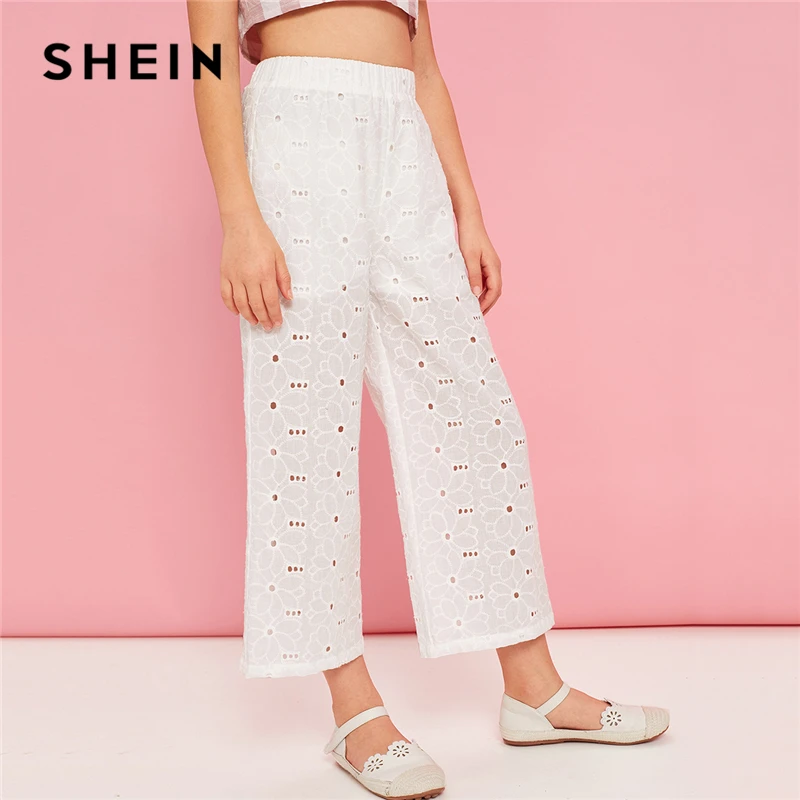 

SHEIN Kiddie Girls White Solid Eyelet Embroidery Boho Pants Kids 2019 Summer Holiday High Waist Wide Leg Semi Sheer Trousers