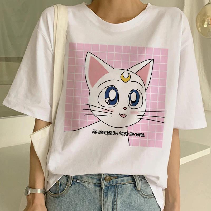 Сейлор Мун летняя новая модная футболка Женская Harajuku с коротким рукавом забавная футболка Ulzzang Милая футболка с котом Мультяшные футболки женские
