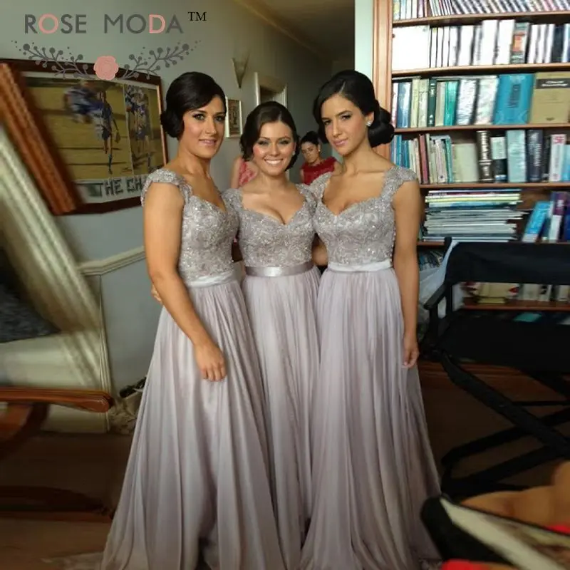 

Cap Sleeves V Neck Silver Bridesmaid Dress with Illusion Back Floor Length Formal Dress