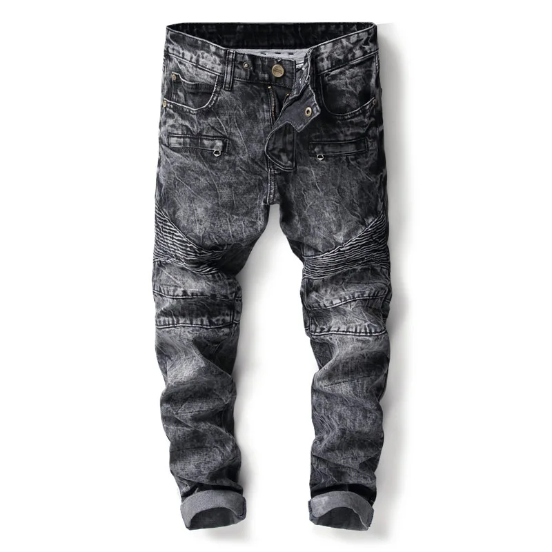 Fashion high quality classic slim straight men designer jeans gray motorcycle biker denim pants