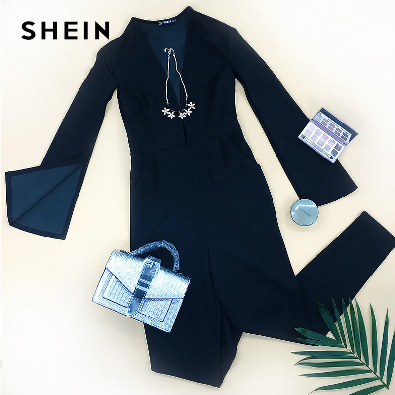 SHEIN Black Highstreet Office Lady Plunging Neck Cloak Sleeve Modern Sexy Maxi Tapered Jumpsuit Autumn Women Workwear Jumpsuits SHEIN Black Highstreet Office Lady Plunging Neck Cloak Sleeve Modern Sexy Maxi Tapered Jumpsuit Autumn Women Workwear Jumpsuits