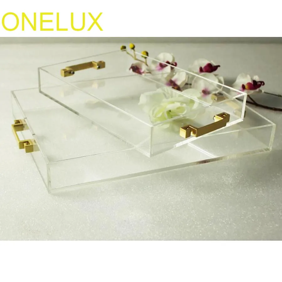 

(2PCS/LOT) Clear Acrylic Home Use Decorative Trays,Lucite Jewelry /Cosmetic Storage Trays With Metal Handles