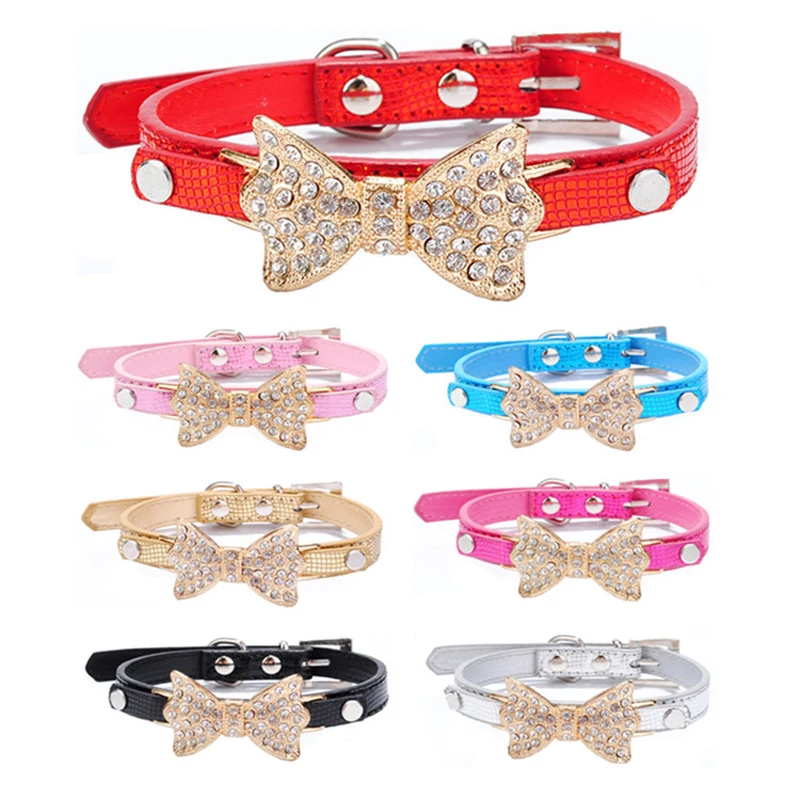 1PCS Bowknot Rhinestone Dog Collars For Small Dogs Collars Led Size Adjustable PU Leather Pet