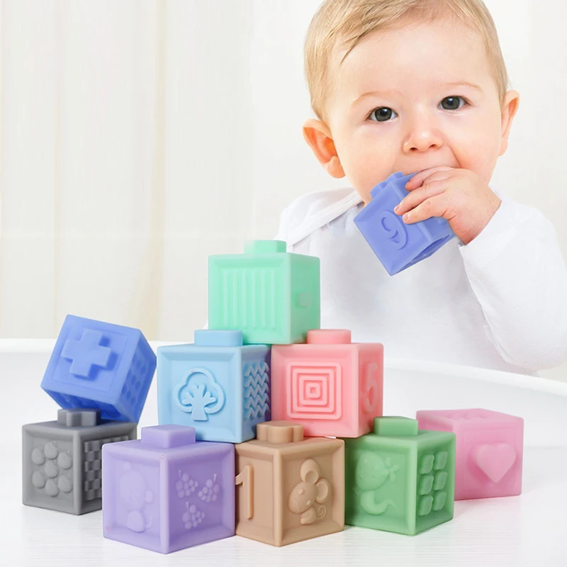 6pcs12pcs lot Baby 3D Grasp Toy Silicone Building Blocks Touch Hand Soft Balls Squeeze Toys  Massage Rubber Teethers Bath Toys (6)