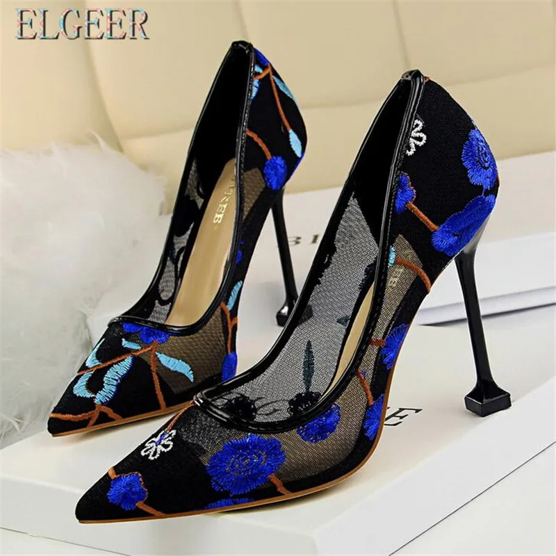 

New hot womens High-heeled shoes High-heeled Shallow mouth pointed flower Embroidered lace-lace Hollow sexy nightclub Shoes