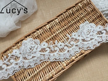 

5 yards Rayon material Soft! 7.5CM Rose flowers lace trimming with cording Ivory embroidered wedding lace
