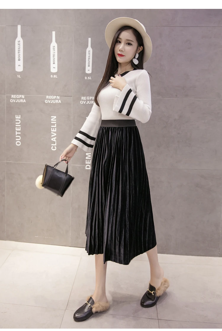 pleated midi skirt New 2019 Autumn Winter Elastic High Waist Skirt Solid Casual Pleated Skirts Womens Striped Jupe Femme Velvet Saias Midi Skirt cute skirts