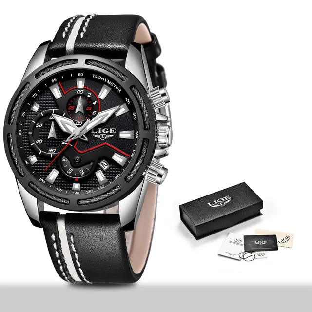Модерн LIGE концепции марки де режиме Montres Hommes En Cuir Спорт Дата Chronographe кварц Montre мужской Cadeaux Horloge - Цвет: sliver black