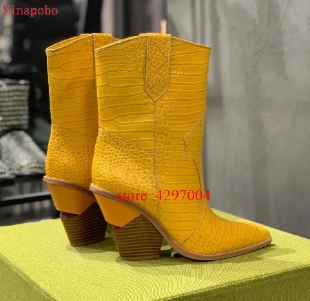 Spring New Cowboy Boots For Women Pointed Toe ankle Boots snake pattern Mid-calf Women Boots Chunky Wedges Boots Runway - Цвет: as the picture