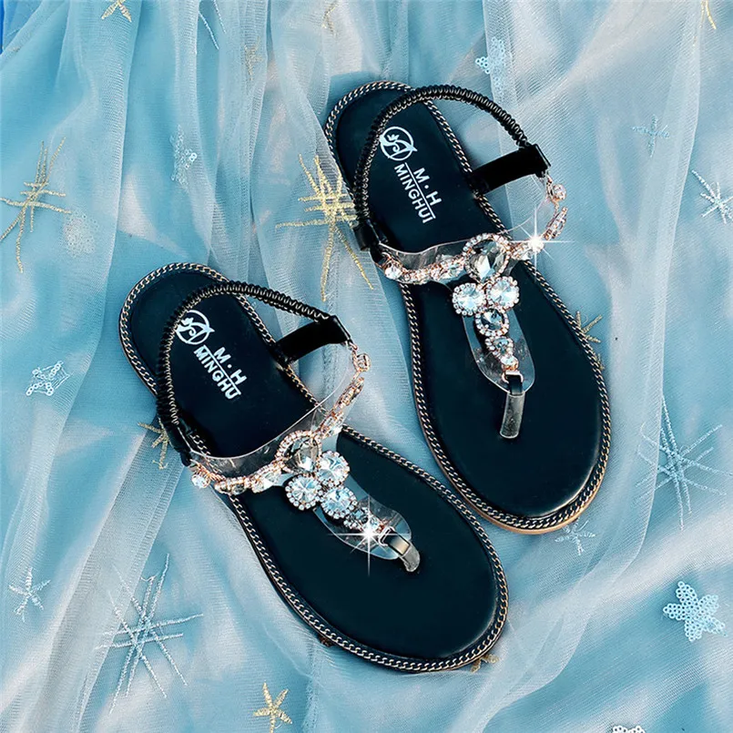 

Hot Sale Sandals Fashion Women Rhinestone Flat Heel Anti Skidding Beach Shoes Sandals Slipper Lady sandales femme 2018 nouveau S