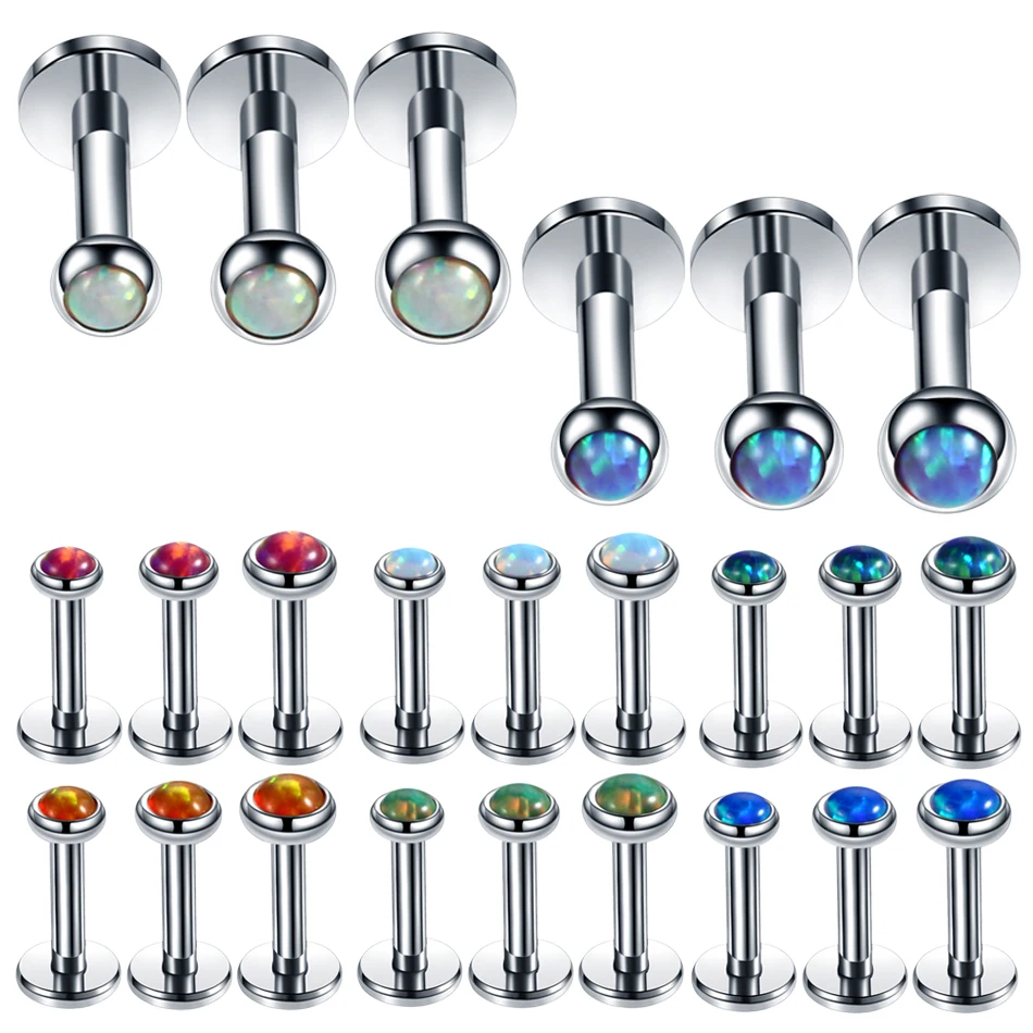 Steel Internally Thread Opal Stone Ear Helix Tragus Barbell Piercing Opal Labret Stud Lip Rings Sexy Girls Jewelry 16g 3pcs/lot