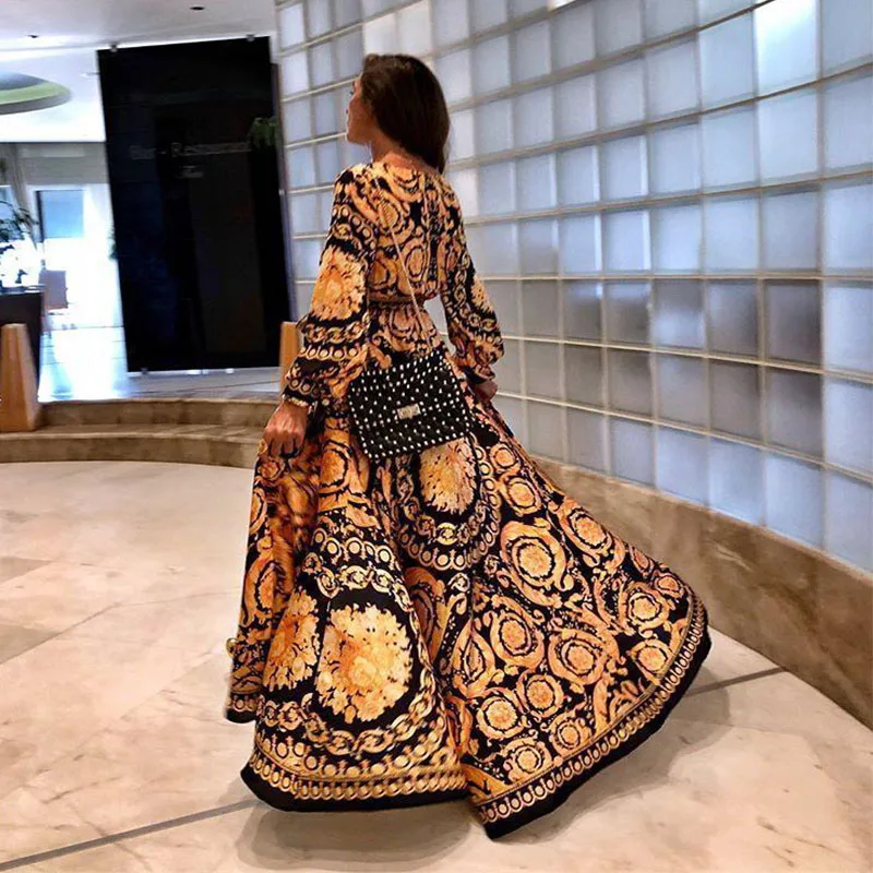 فستان صيفي المرأة 2019 طويل كم V الرقبة طباعة حزب فساتين طويلة مثير أزياء أنيقة زائد حجم بوهيميا الرجعية Vestidos رداء