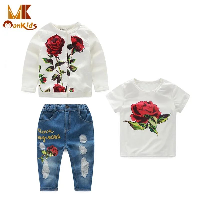 

Monkids Children Clothing Sets Kids Clothes Girls Clothing Sets Rose Print T-shirt+Coat+Holes Girls Jeans Outfit Fashion
