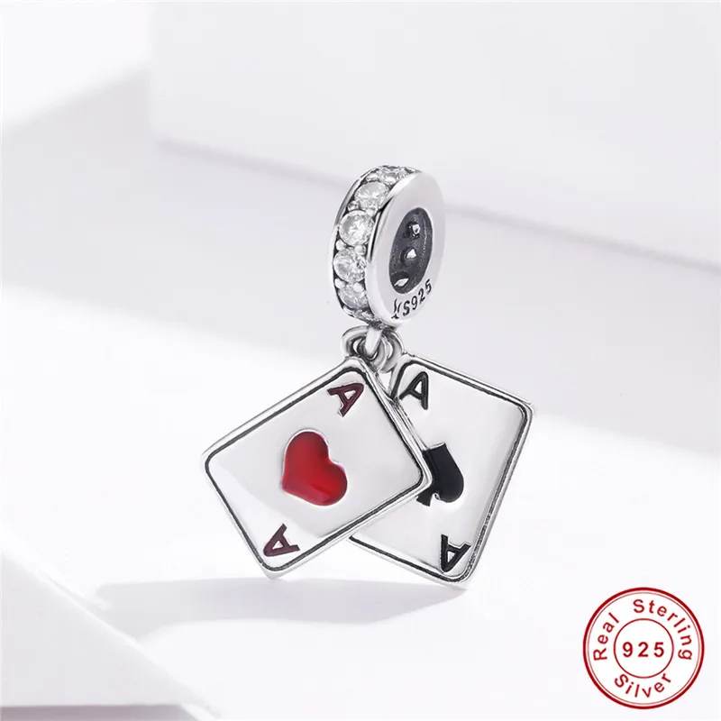 

fit Pandora Bracelet Silver 925 Original Red Peach A Charms Black Enamel Poker Heart Cards Beads for Jewelry Making Women DIY