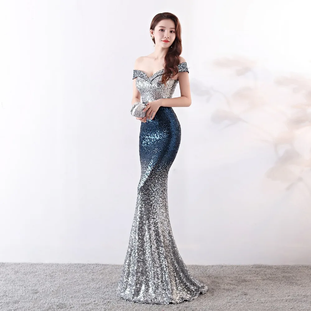 Sexy Sequin Maxi Dress Women Sexy Evening Party Dress Slash Neck Elegant Wedding Vestido de fiesta