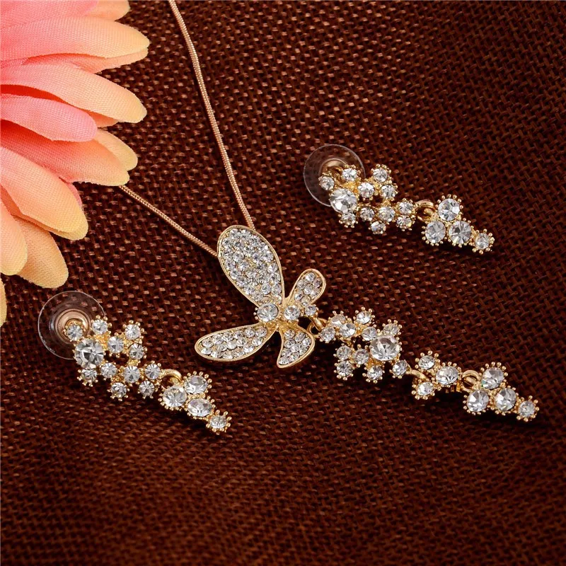 

Exquisite Full Crystal Butterfly Pendants Necklace Long Drop Earrings Sets For Women God Jewelry Sets Wedding Bridal Jewelry