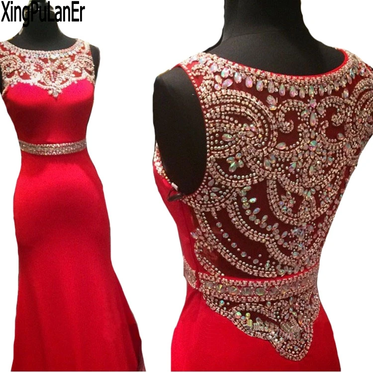 Custom Made Mermaid Prom Dress 2016 Scoop Sleeveless Cover Back Sweep Train Red Satin and Crystal 2016 Party Dress Formal Dress Custom Made Mermaid Prom Dress 2016 Scoop Sleeveless Cover Back Sweep Train Red Satin and Crystal 2016 Party Dress Formal Dress