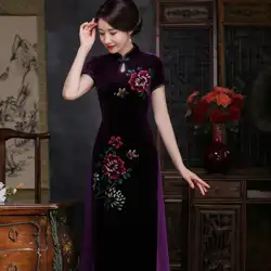 Бордовый Винтаж Для женщин Cheongsam сексуальный китайские леди бархатный Ципао короткий рукав традиционные Aodai платье ручной работы и