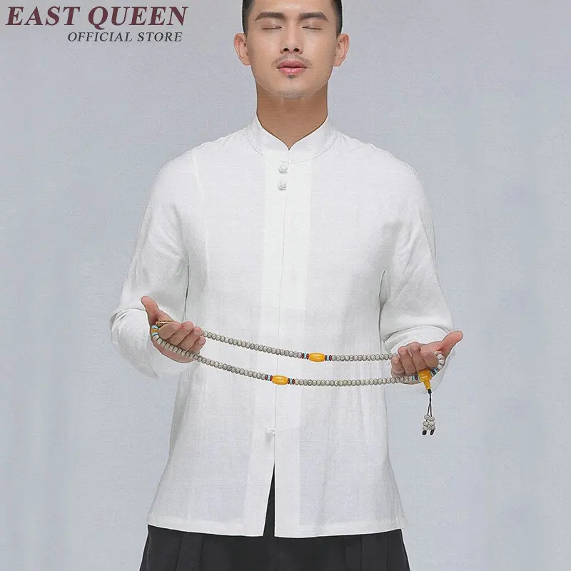 traditional Chinese clothes men solid color linen white shirts Chinese male clothing with long sleeves KK562 Q