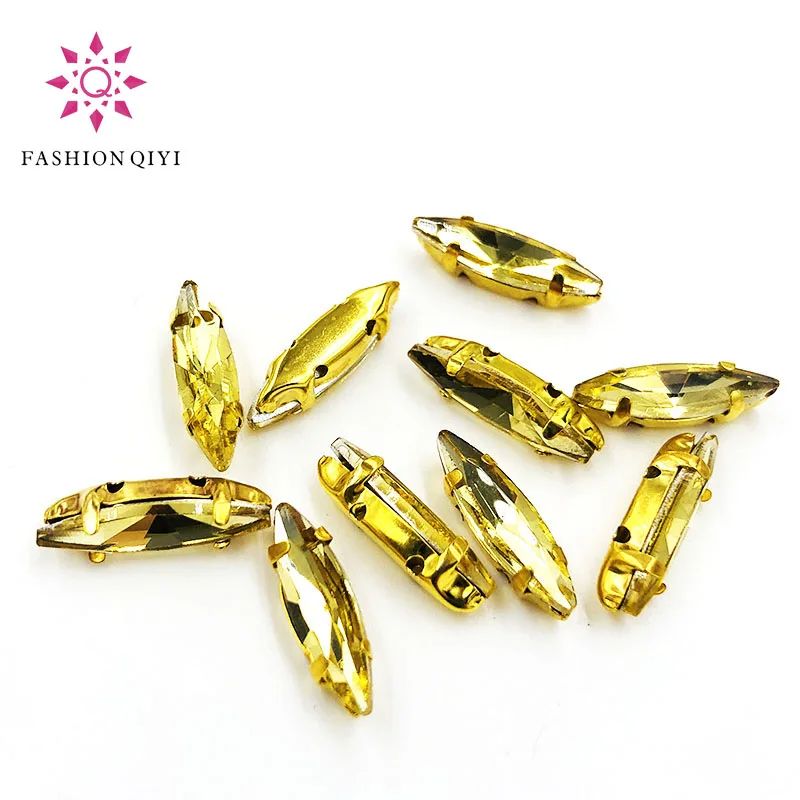 4x15mm Gold yellow Horse eye shape 50pcs/pack Glass Crystal Gold bottom sew on claw rhinestones with hole diy Sewing On Garment